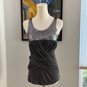 Sequin Ruched Party Tank Top — Silver & Gray (Size S)